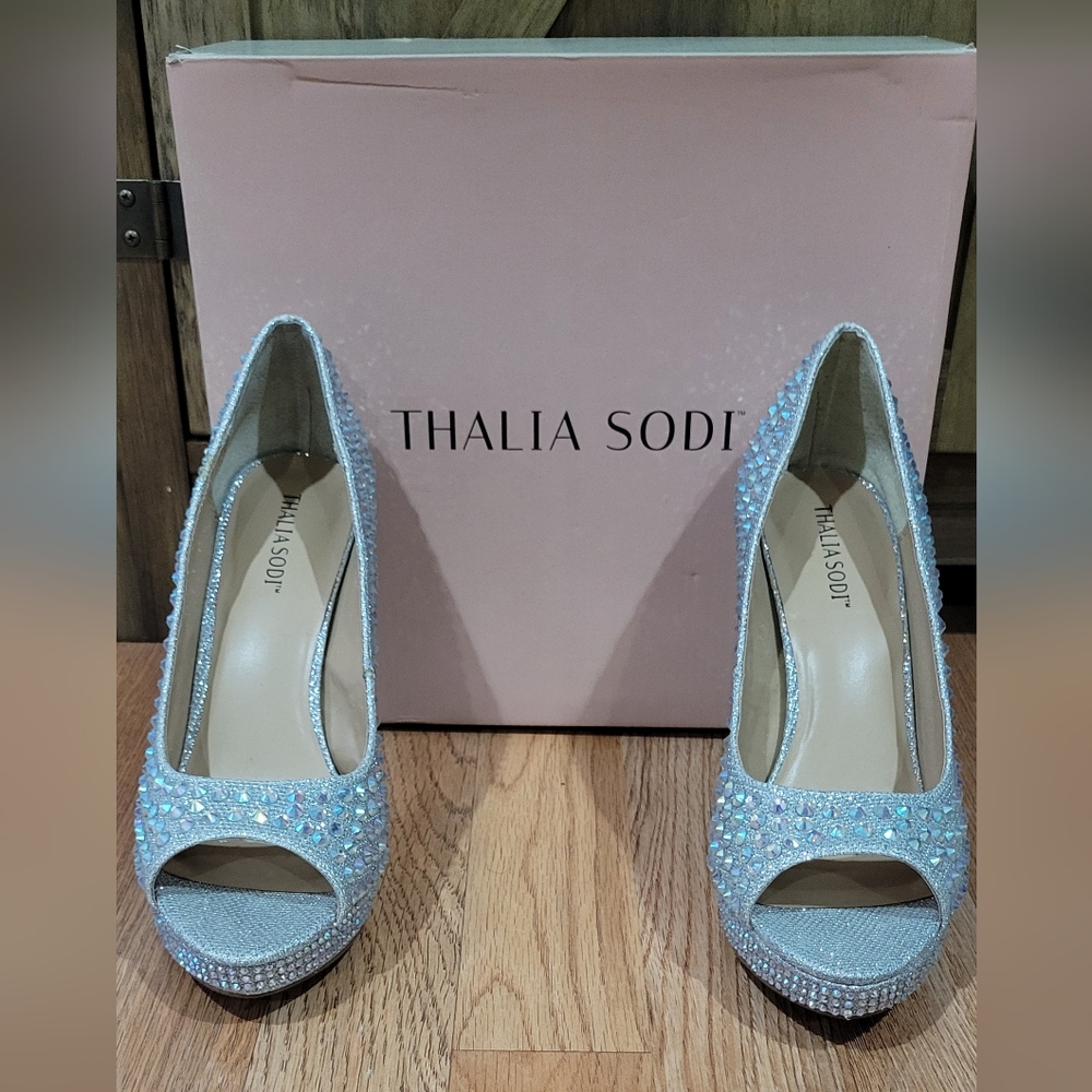 Thalia Sodi Women's Landon Embellished Platform Pumps Silver Lurex, US 9.5